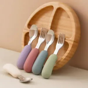 2PCS Silicone Stainless Steel Baby Fork and Spoon Set
