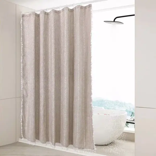 103192-a04dd5.webp Luxurious Boho-Chic Striped Linen Cotton Shower Curtain with Tassels and Hooks