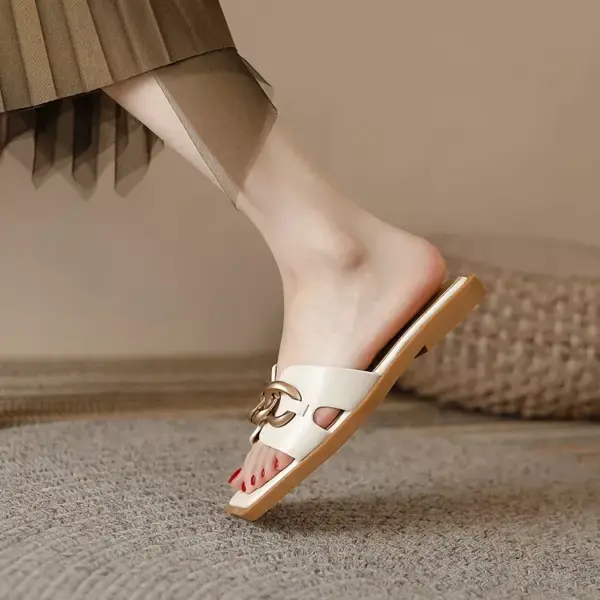 Summer Square Toe Leather Slippers