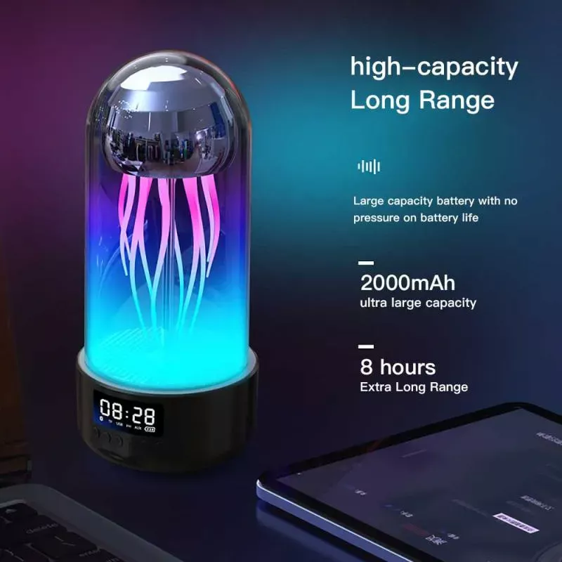 Creative-3in1-Colorful-Jellyfish-Lamp-With-Clock-Luminous-Portable-Stereo-Breathing-Light-Smart-Decoration-Bluetooth-Speaker.jpg_ Creative Jellyfish Bluetooth Speaker with RGB Lighting and 2000mAh Battery