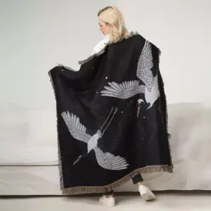 107055-80c3a0.webp Elegant Black Crane & Floral Japanese Knitted Cotton Blanket