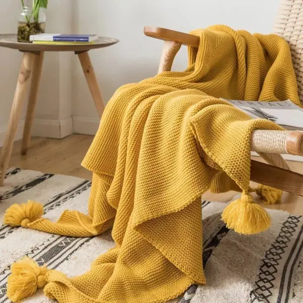 107120-c5f41c.webp Mustard Yellow Luxury Knit Throw Blanket with PomPom Tassels