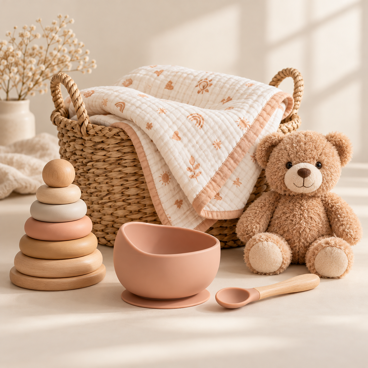 Baby blanket, teddy bear, stacking toy and feeding accessories.